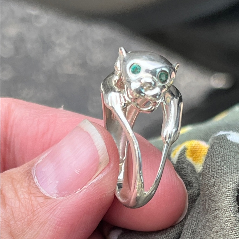 Sterling Panther wrap ring w/ Genuine Emerald eyes & Diamond collar - Picture 5 of 17